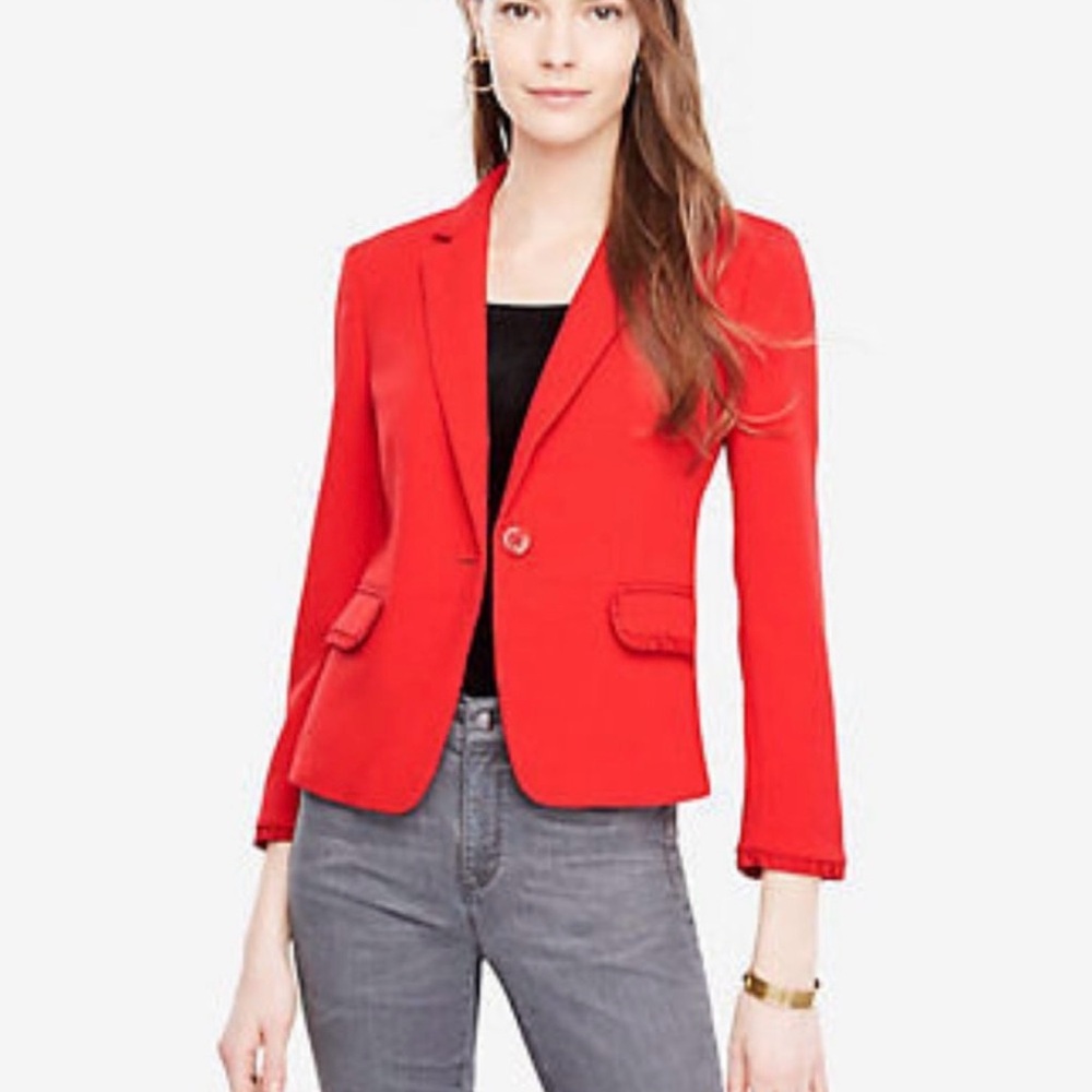 Ann Taylor Grosgrain Ruffle Newbury One-Button Blazer Suit Jacket‎ in Red Size 2